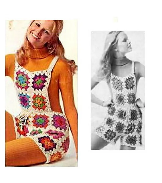 Two women wear crochet granny square rompers, one multicolored over a turtleneck, the other in bold black-and-white. Free crochet pattern
