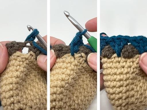 Three images show hands crocheting blue yarn with a silver hook on beige-brown fabric, demonstrating a step for an acorn pattern. Free crochet pattern