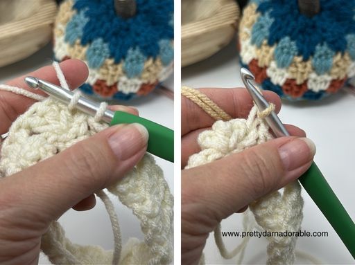 Hands use a green hook to crochet, switching from white to tan yarn; blurred colorful yarn and crocheted item in background. Free crochet pattern