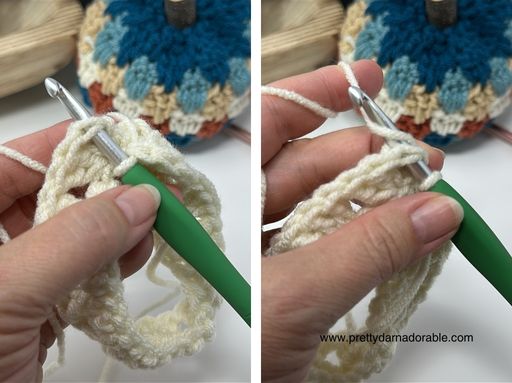 Close-up of hands crocheting with cream yarn and a green hook; in back, a partial crochet piece and striped crochet pumpkin. Free crochet pattern