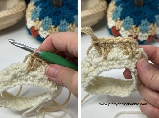 Hands crocheting beige yarn with a green hook; finished pumpkin, yarn basket, and www.prettydarnadorable.com in background. Free crochet pattern