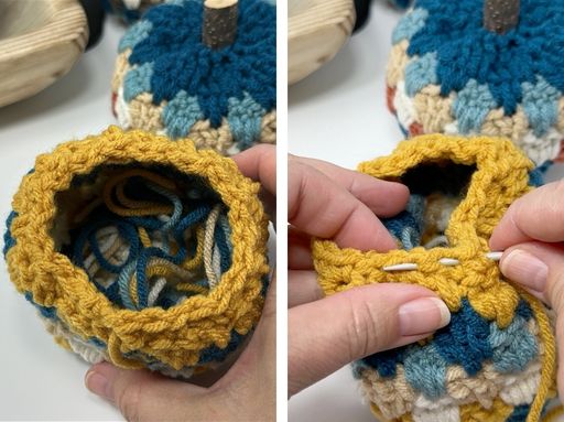 Two photos: hands show a blue, white, and yellow crocheted pouch. Left—yarn inside; right—threading the drawstring shut.