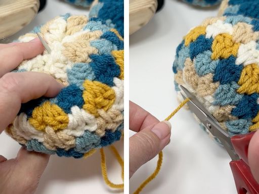 Close-up of hands crocheting a bright pumpkin; one image shows weaving in yarn, another shows scissors cutting yellow yarn.