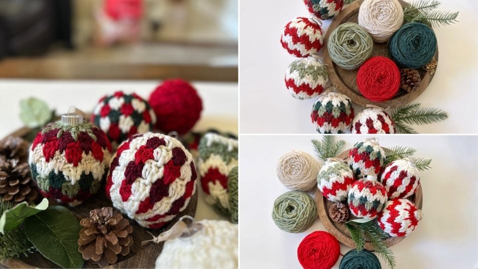 Christmas ornaments with red, green, cream, and white crochet covers, set beside yarn balls, pine cones, and greenery on a white table. Free easy crochet Christmas Bauble pattern
