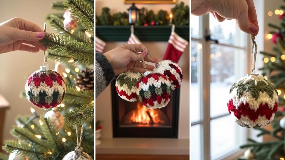 Hands hold red, white, and green crochet-patterned ornaments near a Christmas tree, fireplace with stockings, and festive window. Free easy crochet Christmas Bauble pattern