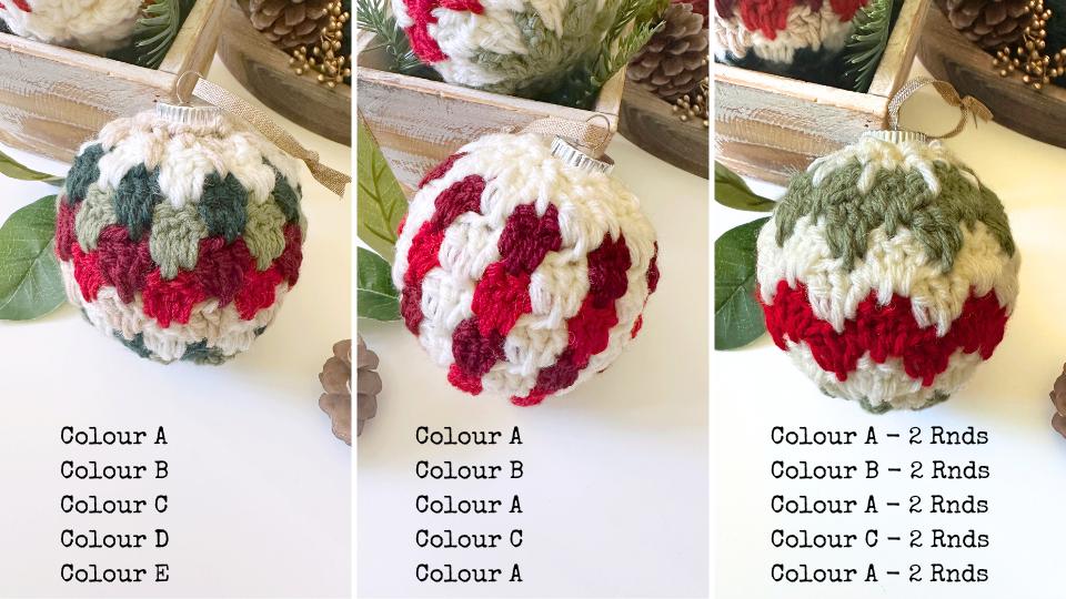 Three crocheted Christmas ornaments in red, green, and cream yarn with varied color patterns; label lists colors A–E and instructions. Free easy crochet Christmas Bauble pattern