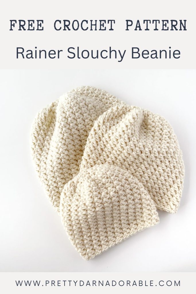 Three cream-colored crocheted slouchy beanies on white background; text reads “Free Crochet Pattern: Rainer Slouchy Beanie” with website link. Free crochet pattern