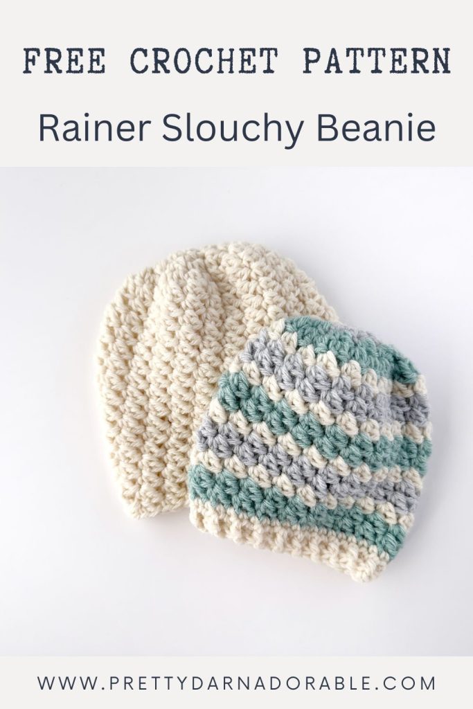 Two crocheted slouchy beanies, one cream and one striped cream/gray/teal, on white; text reads “Free Crochet Pattern: Rainer Slouchy Beanie.”. Free crochet pattern