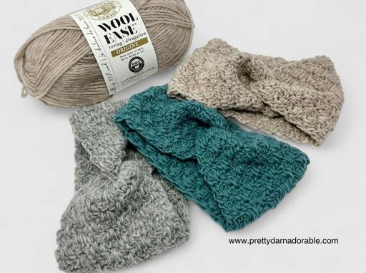 A skein of beige wool yarn behind three textured headbands in beige, teal, and gray on white; www.prettydarnadorable.com is visible. Free crochet pattern