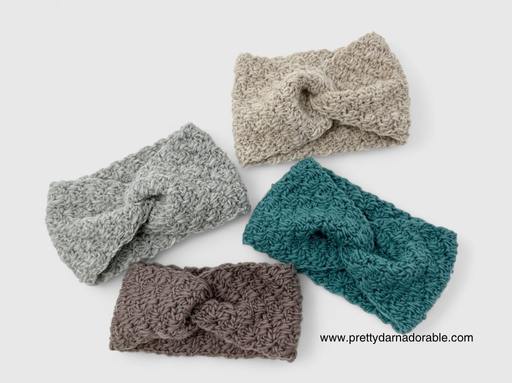 Four textured headbands in beige, gray, teal, and brown with twisted centers on a light surface; www.prettyarnadorable.com appears. Free crochet pattern