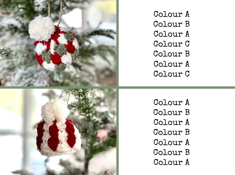 Two red, white, and green crocheted Christmas ornaments with pom-poms hang on a snowy tree beside color lists labeled A–C. Free crochet mini hat christmas ornament pattern