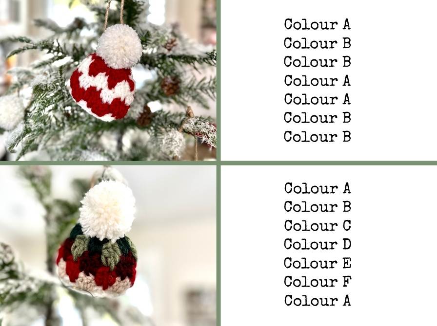 Two crochet ornament balls with white pom-poms hang on a snowy branch; yarn color lists labeled Colour A–F show the pattern order. Free crochet mini hat christmas ornament pattern