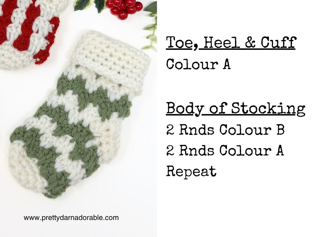 Green and white crocheted Christmas stocking with pattern instructions, red berries, and greenery on a white background. Free crochet pattern