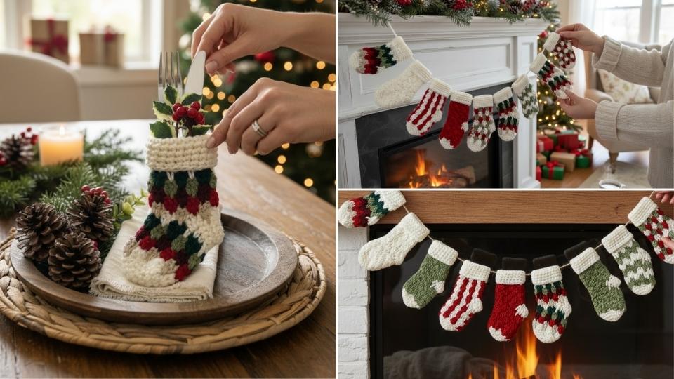 Three images of small crocheted Christmas stockings in red, green, and white: as cutlery holders, hung on a mantel, and as a garland. Free crochet pattern