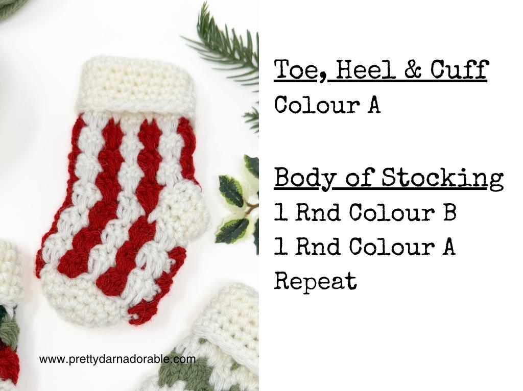 Red and white crochet mini stocking with spruce branches, crochet instructions, and prettydarnadorable.com at bottom left. Free crochet pattern