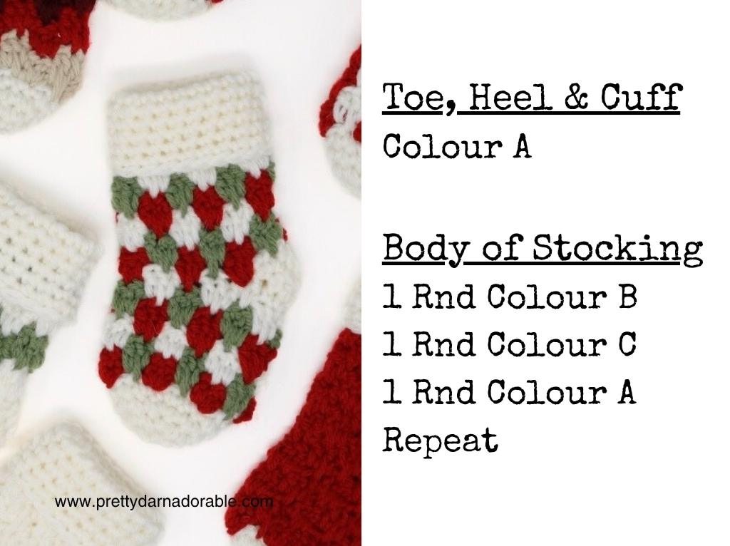 Small red, green, and white crochet Christmas stockings with pattern text: Toe, Heel & Cuff: Colour A; Body: alternate Colours B, C, A. Free crochet pattern