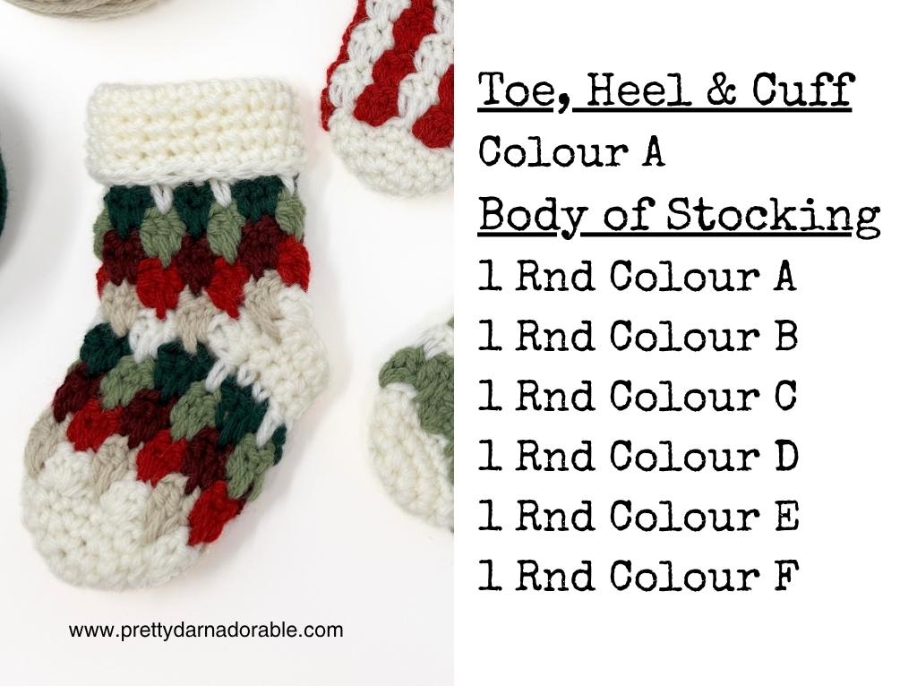 A red, green, and cream crocheted Christmas stocking beside color change instructions; www.prettydarnadorable.com at bottom left. Free crochet pattern