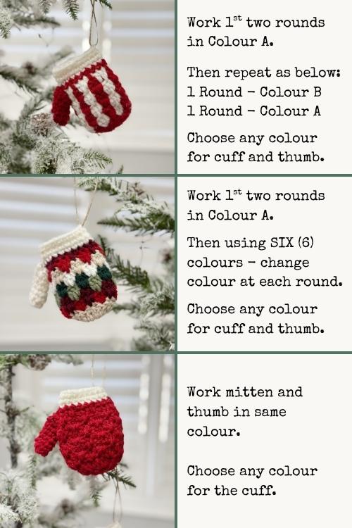 Crochet mitten ornament instructions next to images of three colorful, patterned crochet mittens on a Christmas tree. Free crochet pattern