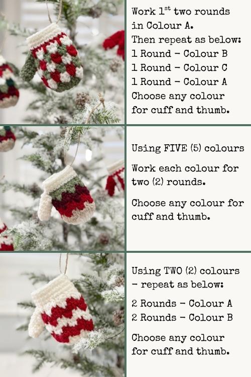 Three mitten ornaments with colorful cuffs and thumbs hang on a Christmas tree, each next to instructions for making them. Free crochet pattern
