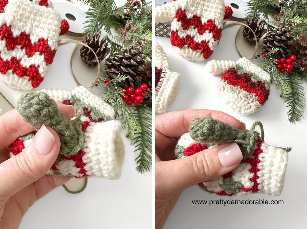 Hands demonstrate placing a green crocheted item into a red and white Christmas stocking before festive decor. Free crochet pattern