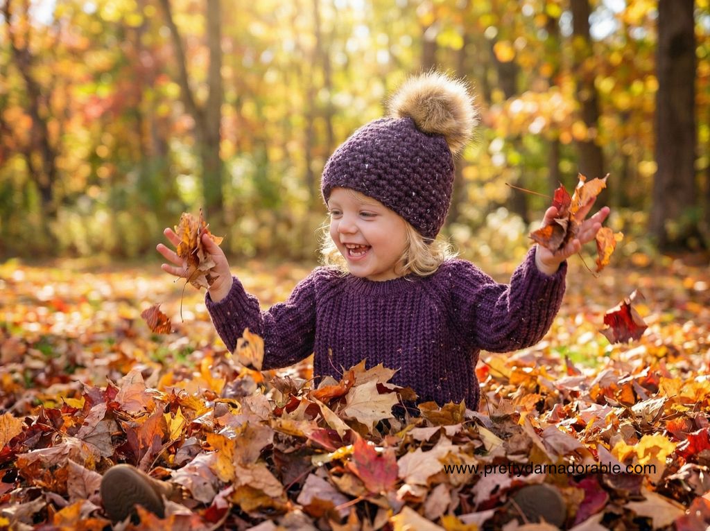 A smiling child in a purple sweater and hat throws autumn leaves in a sunlit forest. No visible text or promotional info. Free crochet pattern