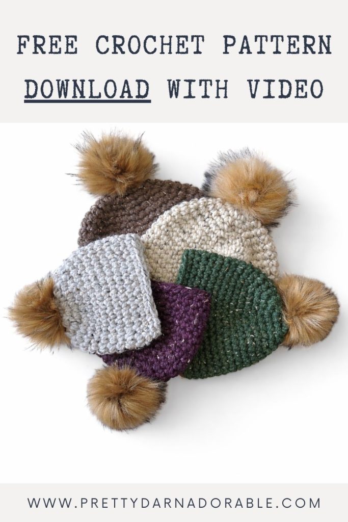Five colorful crocheted hats with faux fur pom-poms arranged in a fan shape; text: Free crochet pattern download with video, www.prettydarnadorable.com. Free crochet pattern