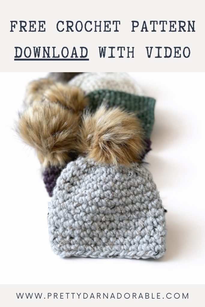 Several colorful wool hats are arranged together, showing varied patterns and textures on a neutral background. Free crochet pattern