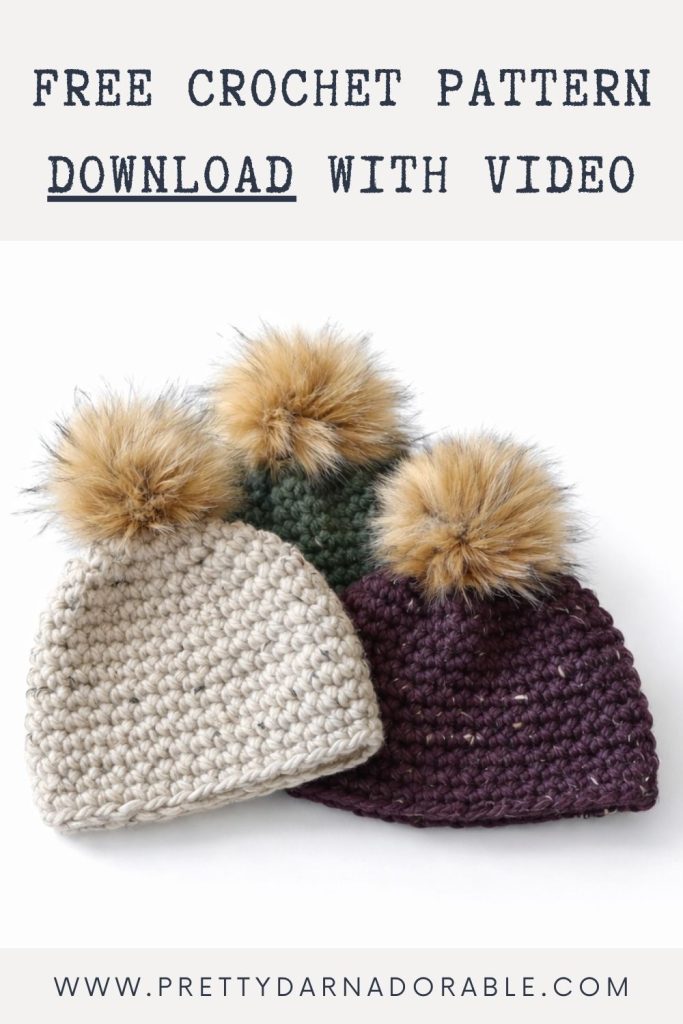 Three crocheted beanies in beige, green, and purple with faux fur pom-poms; text above offers free crochet pattern with video. Free crochet pattern