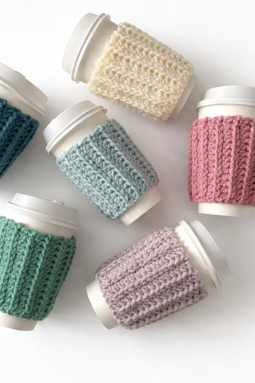 Six takeaway cups with white lids have textured covers in cream, blue, green, pink, and gray, grouped on a white surface. Free crochet pattern