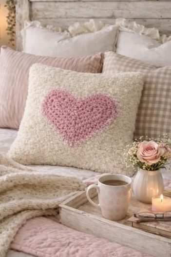 A cozy bed with soft pillows, one featuring a pink heart, a textured blanket, and a tray with a mug, candle, roses, and book in a warmly lit rustic bedroom. Free crochet pattern