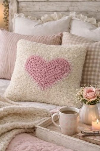 A cozy bed with soft pillows, one featuring a pink heart, a textured blanket, and a tray with a mug, candle, roses, and book in a warmly lit rustic bedroom. Free crochet pattern