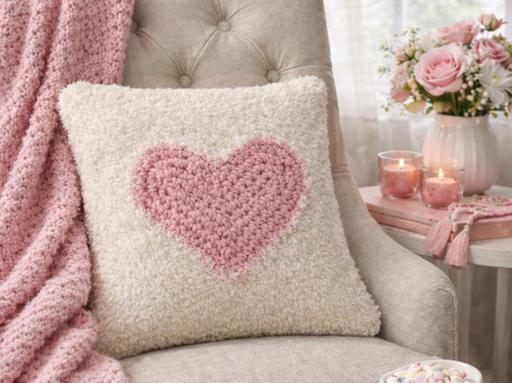 White pillow with pink heart on beige armchair, beside a pink textured blanket; candles, flowers, and sheer-curtained window behind. Free crochet pattern