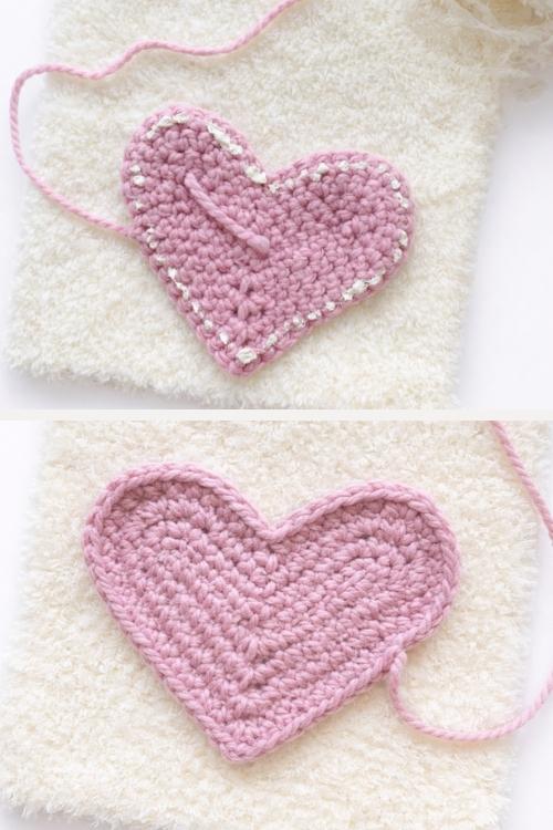 Two photos of a pink crocheted heart, front with white stitched edge and loose yarn, back shows detailed crochet stitches. Free crochet pattern