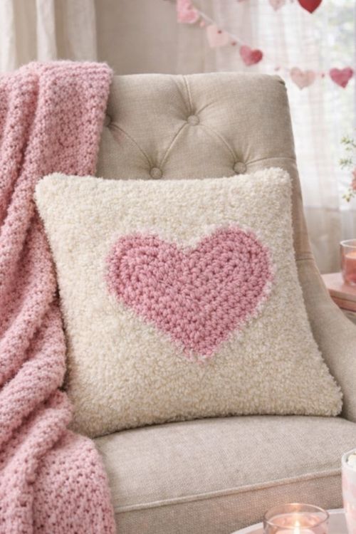 Cream cushion with a pink heart on a beige tufted chair, pink textured blanket on the armrest, heart garlands in the background. Free crochet pattern