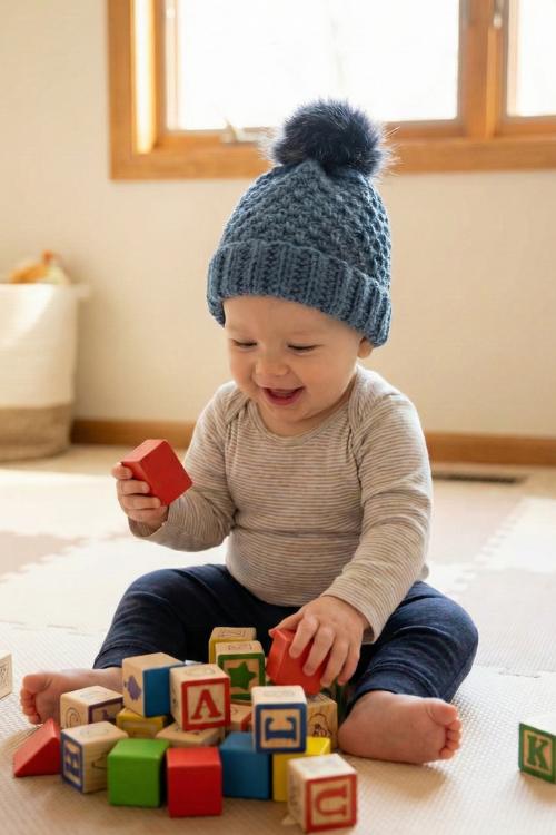 Smiling baby in a blue hat plays with colorful letter and picture blocks on the floor in a bright, sunlit room. Free crochet pattern