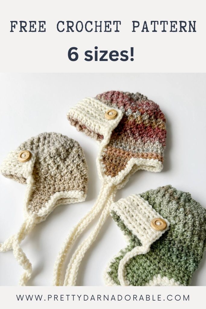 A collection of colorful crochet aviator hats yarn hats with ribbed and textured patterns, displayed together against a plain background. Free crochet pattern