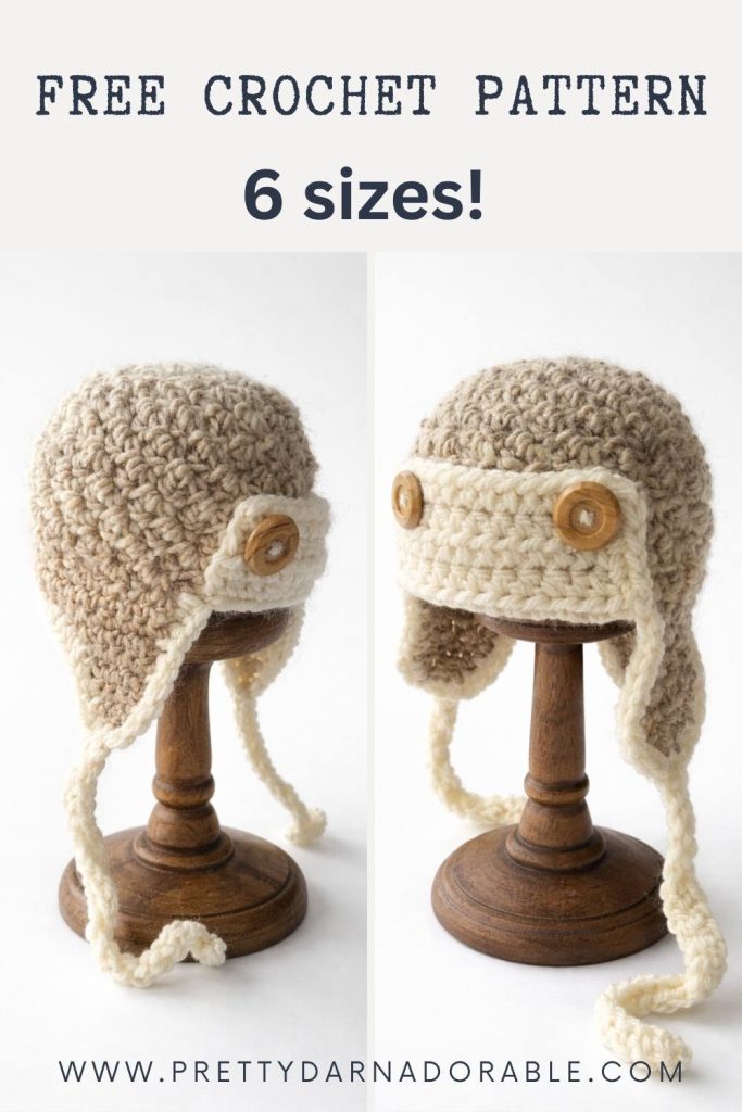 Two beige and cream crochet aviator hats with earflaps on wooden stands, text: “FREE CROCHET PATTERN 6 sizes!” plus website. Free crochet pattern