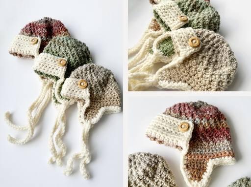 Three crocheted baby hats with ear flaps, ties, and wooden buttons in green, beige, and brown on a white background. Free crochet pattern