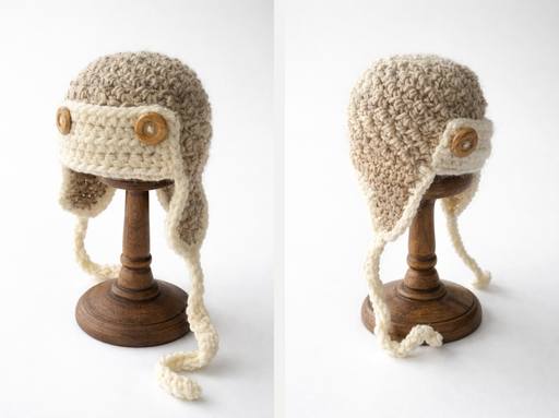 Cream and beige crocheted baby aviator hat with ear flaps and wooden buttons, displayed on a wooden stand, front and side views. Free crochet pattern