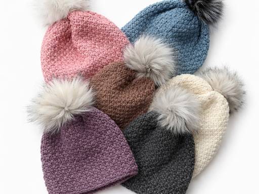 Five beanies in pink, blue, brown, cream, and purple with gray pom-poms are fanned out on a white background; no text shown. Free crochet pattern