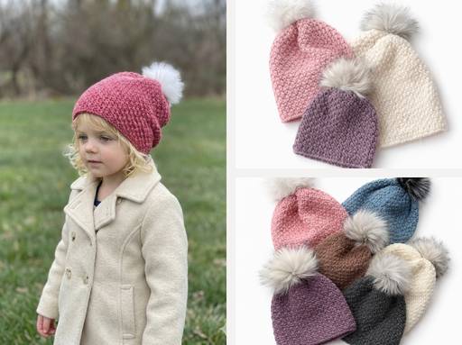 Child in cream coat wears pink hat with white pompom; nearby hats in multiple colors all feature large faux fur pompoms. Free crochet pattern