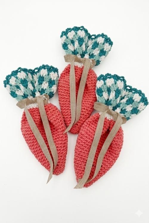 Three coral crocheted carrot pouches with green-white tops and beige ribbons are displayed on a white background. Free crochet pattern