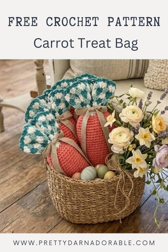 A woven basket of orange crocheted carrot treat bags sits on a wooden floor by pastel flowers and colored eggs. Text: Free Crochet Pattern Carrot Treat Bag. Free crochet pattern