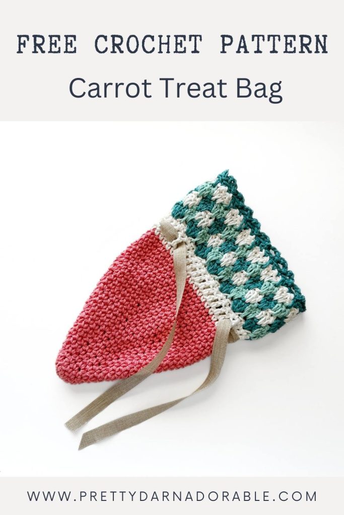 Crochet carrot treat bag with green and white top, tan drawstring, on white background; free pattern at prettydarnadorable.com. Free crochet pattern