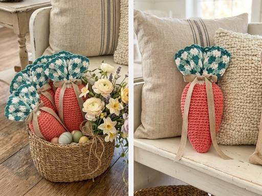 A woven basket with pastel eggs, flowers, and crocheted carrots sits on a couch beside more ribbon-tied carrot treat bags. Free crochet pattern