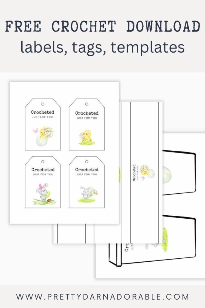 Printable crochet gift tags with cute animal drawings, text "Crocheted just for you," and site prettydarnadorable.com. Free crochet pattern