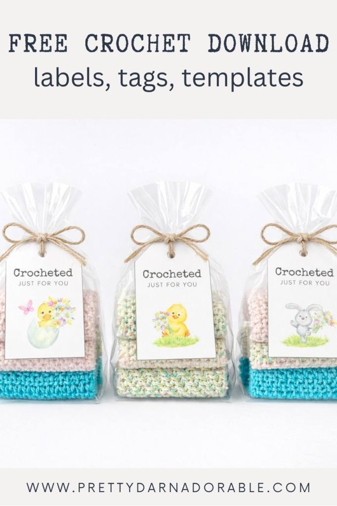 Three pastel gift bags with crocheted gifts, twine ties, and animal tags. Text: FREE CROCHET DOWNLOAD labels, tags, templates. Free crochet pattern