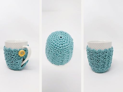 Three views of a white mug with a light blue crocheted cozy, button on handle, bottom fully covered; free crochet mug cozy pattern idea. Free crochet pattern