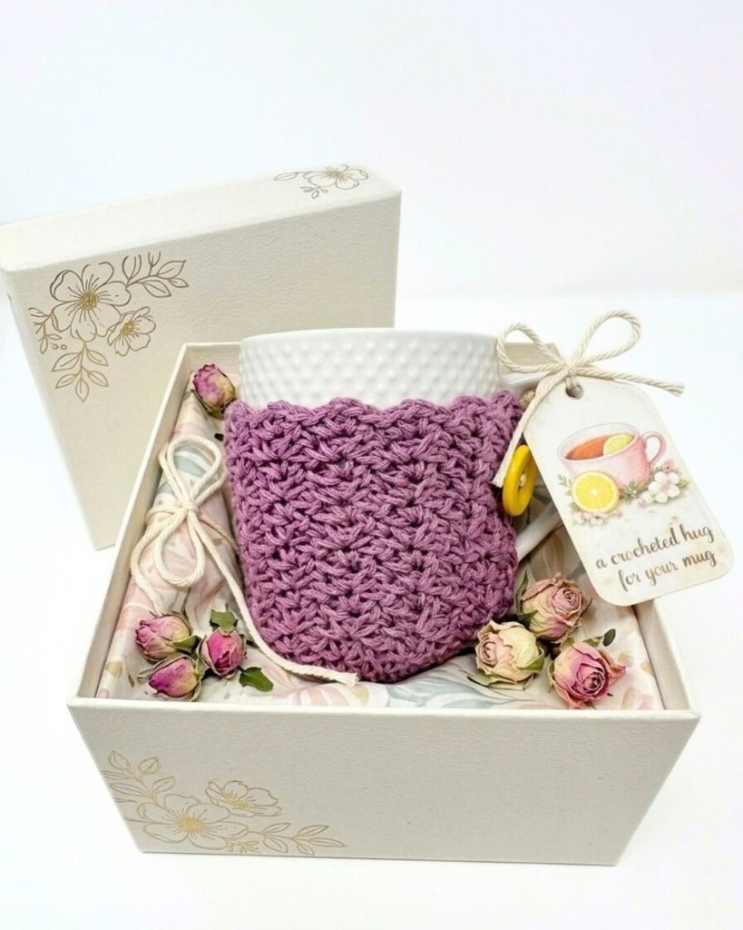 A gift box with a white mug in a purple crochet cozy, dried pink rosebuds, string, and a tag reading &ldquo;a crocheted hug for your mug.&rdquo;. Free crochet pattern