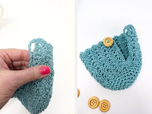 A hand with pink nails holds a teal crocheted pouch; beside it is a finished pouch with a yellow button and three extra buttons on white. Free crochet pattern
